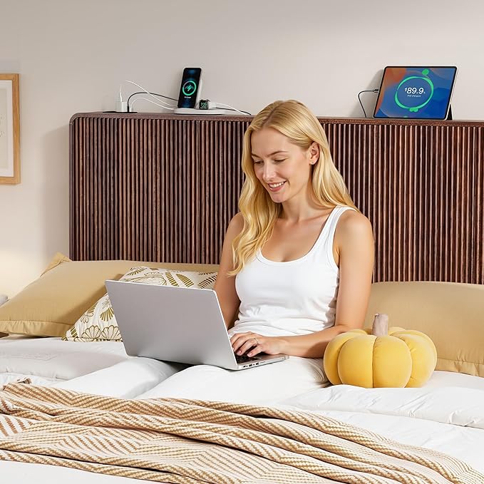 AVZEAR Wood Fluted Headboard King Size, Mid Century Modern King Headboard Only, Wall Mounted Headboard with 2 Outlets and USB & Type C Port, Curved Wooden Bed Headboards, Stylish Bedroom Decor, Walnut