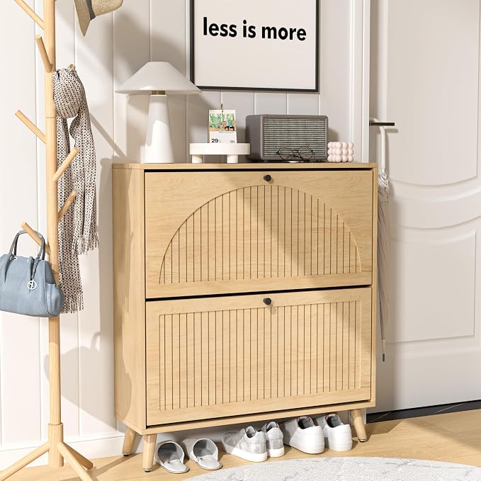 Fsbecl Shoe Storage Cabinet for Entryway with 2 Flip Drawers, Narrow Wood Shoe Cabinet with Fluted Panel, Freestanding Hidden Shoe Organizer for Foyer, Hallway (Wood Color) - Image 9