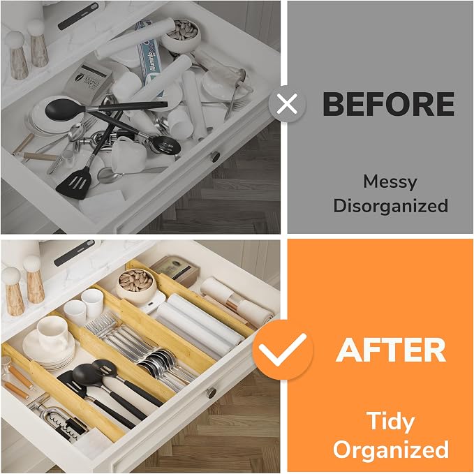 BAMEOS 3" H Large Bamboo Drawer Dividers Adjustable Drawer Organization Expandable Utensil Organizers for Kitchen Dresser Bathroom Bedroom and Office 4-pack - Image 7