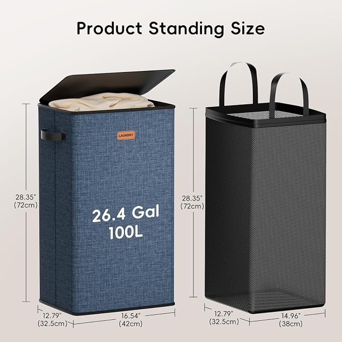 100L Laundry Hamper with Lid, Large Clothes Hampers with Removable Bag, Collapsible Laundry Basket for Bathroom, Bedroom, Laundry Room, Dorm, Navy Blue - Image 6