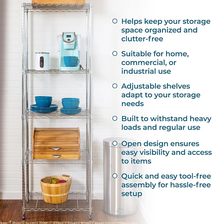 Honey-Can-Do 5-Tier Heavy Duty Adjustable Shelving Unit, 250-lb Per Shelf NSF Certified Metal Storage Rack, Chrome Wire Shelf for Kitchen Pantry Garage, 24 x 18 x 72 in - Image 6