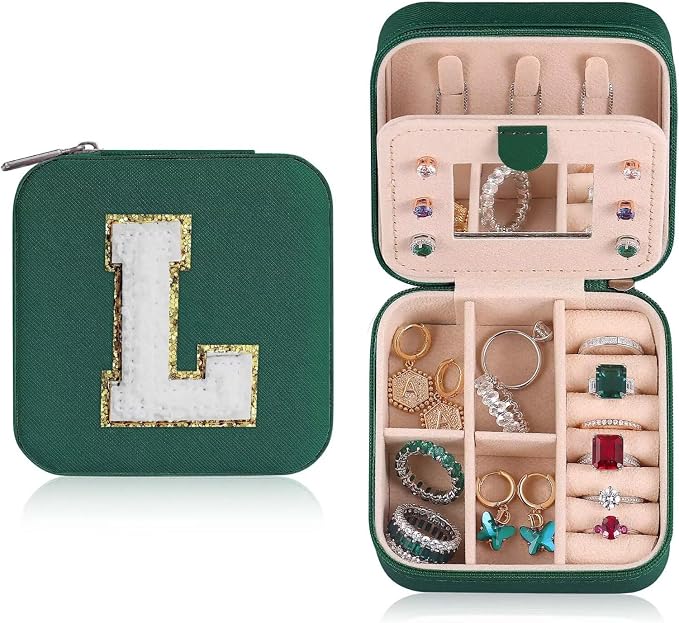 ETHOON Jewelry Travel Case Small Organizer Stocking Box Personalized Gifts Teenage Jewelry Accessories Holiday Christmas Gift for Women Green, Letter L by ETHOON