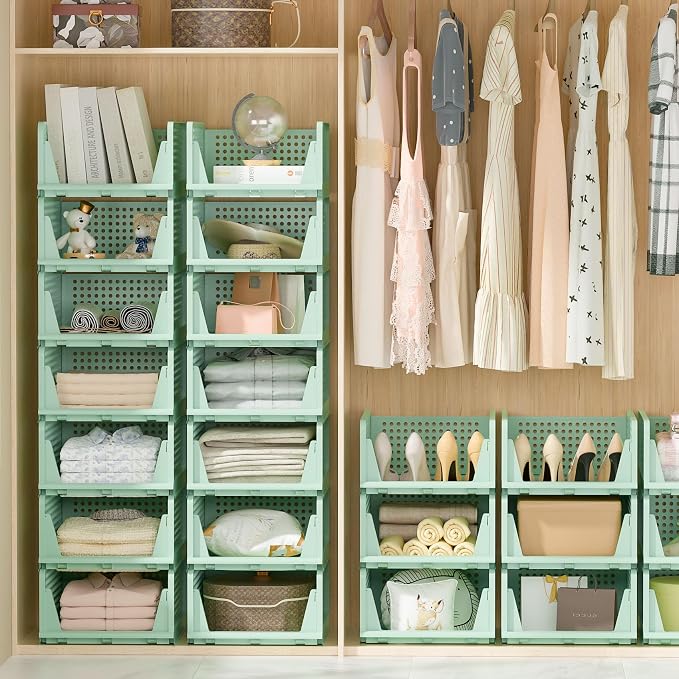 Closet Organizer, 4 Pack Stackable Storage Bins for Closet Shelves, Plastic Storage Drawers Basket Weekly Clothes Organizer for Kids(4L)(Green) - Image 8