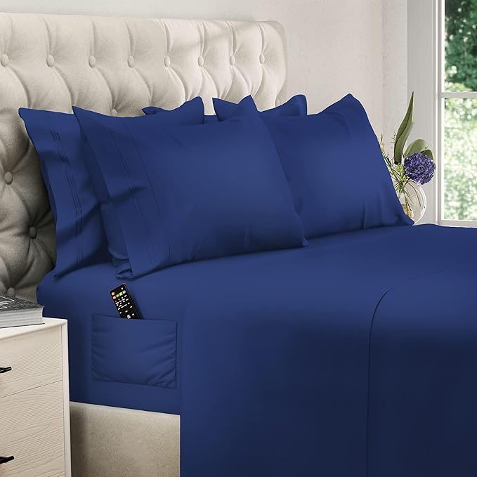 DREAMCARE Full Size Sheets - 6 pcs Breathable Cooling Bed Sheets - up to 15" Deep Pocket Full Size Bed Sheets wth Side Pockets - Extra Soft 100% Brushed Hypoallergenic Hotel Luxury Bedding - Navy Blue
