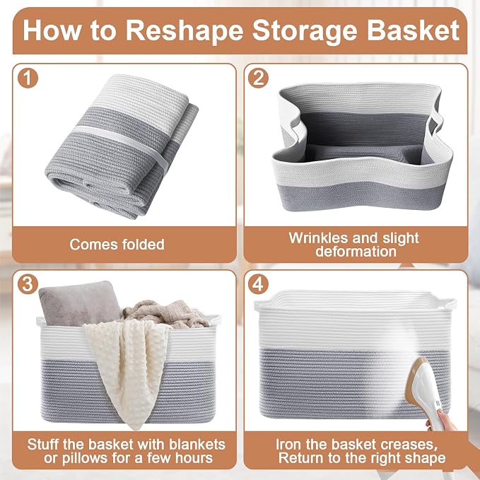 105L XXXL Large Blanket Basket, Rectangular Cotton Rope Basket, Laundry Hamper for Blankets, Pillows, Extra Large Toys Storage Bins for Kids, Dogs 25" x 16" x 16", White & Gray - Image 7