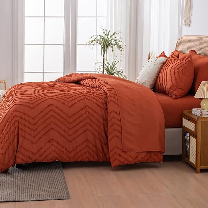 Litanika Full Size Comforter Set with Sheets Burnt Orange - 7 Pieces Bed in a Bag Full Terracotta Boho Tufted Complete Bedding Sets Rust Bed Set with Comforter, Sheets, Pillowcases & Shams