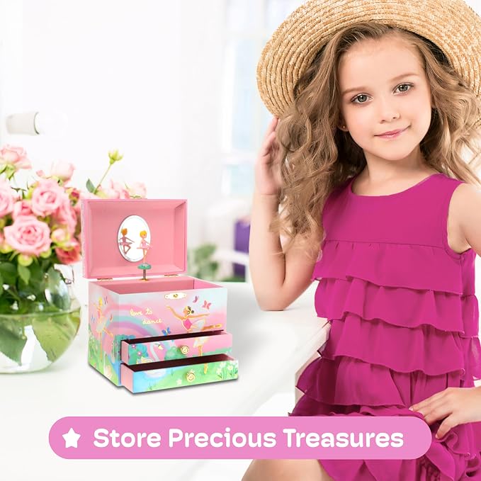 Jewelkeeper Jewelry Box for Girls - Spinning Ballerina Doll to Swan Lake Tune Music Box - Pink Jewelry Boxes for Girls with 2 Drawers - Ideal for Storing Necklaces and Bracelets - 7Lx5Hx6W Inches - Image 8