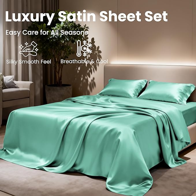 Love's cabin Twin Satin Sheets Sets - 3 Piece Aqua Silky ed Sheets with Deep Pockets, Luxury Silk Feel Satin Twin Size Sheet Set Bedding Set (1 Flat Sheet,1 Fitted Sheet,1 Pillow case)