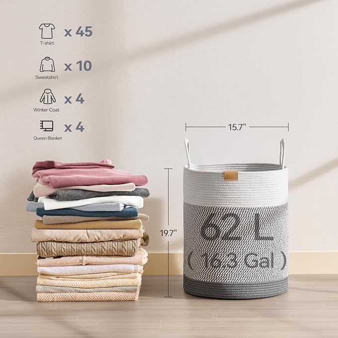 Nunsino Laundry Hamper 62L,Large Laundry Basket for Clothes,Decorative Storage Basket for Blankets,Cotton Rope Woven basket for bedroom,Grey White - Image 6