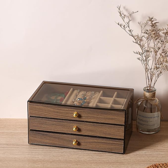CLUQMEIK 3 Layer Acrylic Case Wooden Drawer Jewelry Organizer with Velvet Lining, Jewelry Box for Women and Girls to Store Rings Earrings Bracelets Necklaces(B) - Image 8
