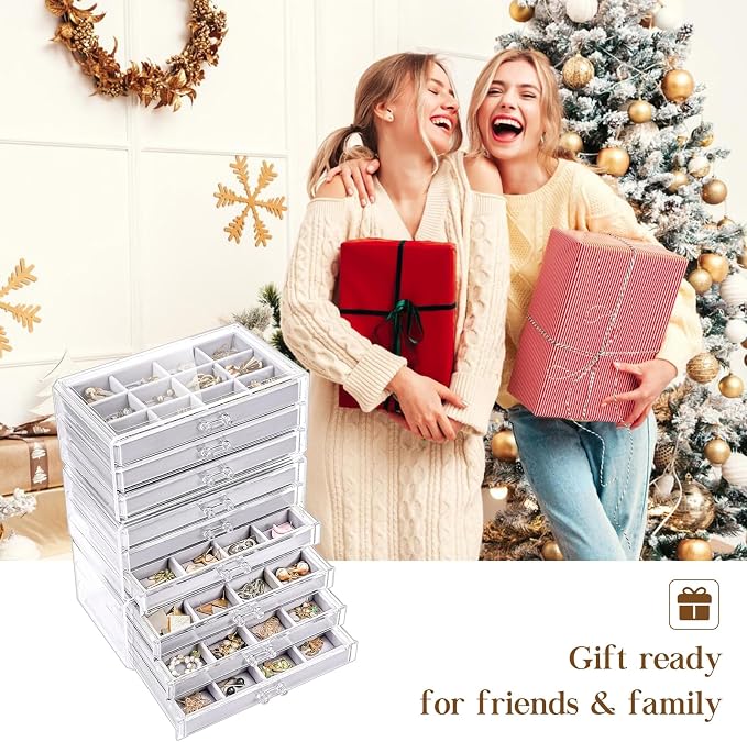 Lolalet Earring Holder Organizer Box Jewelry Storage with 9 Drawers, Clear Acrylic Stackable Earring Case with Adjustable Velvet Trays for Women on Dresser Vanity -Grey, 9 Layers - Image 7