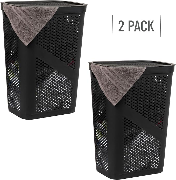 Mind Reader 60L Slim Laundry Hamper, Clothes Basket, Lid, Ventilated, Plastic, Set of 2, Black - Image 7