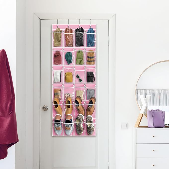 Simple Houseware 24 Pockets Large Clear Pockets Over The Door Hanging Shoe Organizer, Pink (56" x 22.5") - Image 8