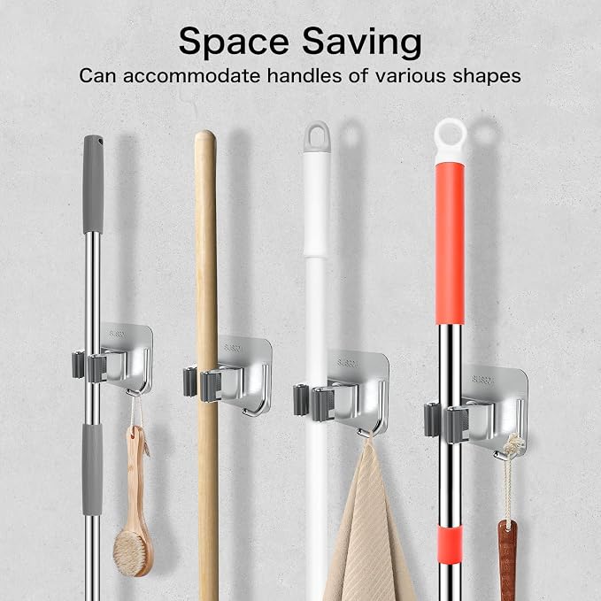 nacena 4 Pack No Drill Self Adhesive Broom Mop Holder Wall Mount with Hooks, Heavy Duty Stainless Steel Organizer for Kitchen Bathroom Garage Storage,Silver - Image 8