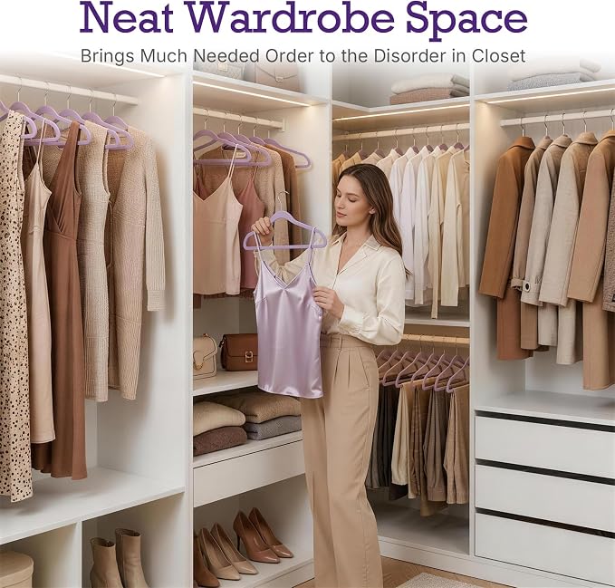 HOUSE DAY Lt-Purple Velvet Hangers 60 Pack, Non Slip Clothes Felt Hanger Heavy Duty for Coat, Premium Slim Space Saving Suit Hangers for Closet Organizer, 360° Rotating Silver Hook - Image 9