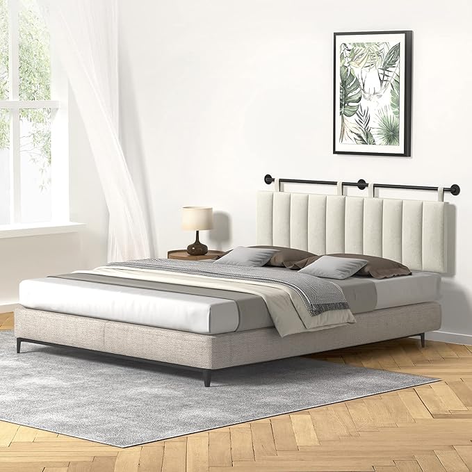 BSHOMGI King Headboards Only Wall Mounted Headboard for BedroomComfortable Velvet Vertical Channel Headboards for Adjustable Size Bed (Velvet Beige, King)