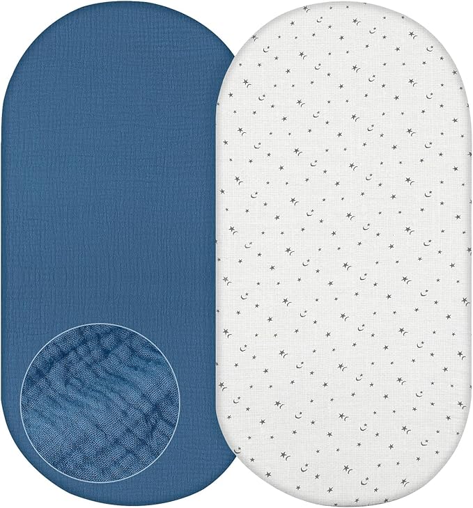 Basumee Muslin Bassinet Sheets for Baby Girl Boy 2 Pack Soft Breathable Baby Bedside Bassinet Fitted Sheets with Bottom Elastic Band Mattress Cover for Rectangle Oval Hourglass Bassinets
