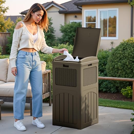 Flamaker 30 Gallon Trash Can, Resin Outdoor Garbage Can with Lid, Waterproof Hideaway Patio Waste Bins for Outside Use (2 Pack, Brown) - Image 7