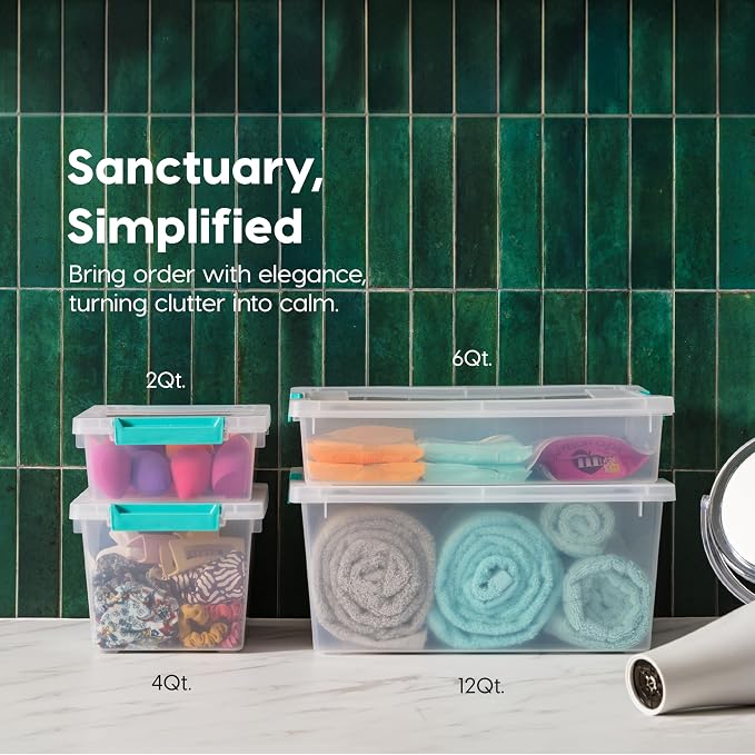 IRIS USA 2 Qt. Craft Storage Bins with Lids, 6-Pack, |Made in USA|, Clip Box, Small Plastic Sensory Bin Tote Organizer Containers for Art Supplies, Paper, & Office, Stackable - Clear/Seafoam Blue - Image 5