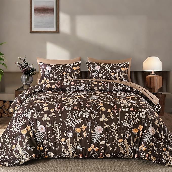 Yiran Brown Comforter Set King Size, 7 Piece Floral Comforter Bedding Set, Farmhouse Bed in a Bag, Soft Microfiber Complete Bedding Set with Sheets for All Season