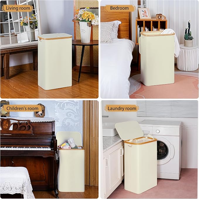 iEGrow Slim Laundry Hamper,75L Beige Narrow Laundry Basket with Lid,Foldable Clothes Hamper with Bamboo Handles,Hamper Basket with Removable Inner Bag for Laundry Room Bedroom College Dorm - Image 7
