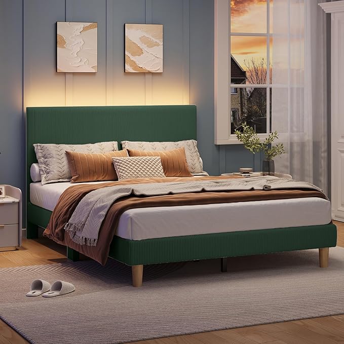 Bestier Queen Bed Frame with Headboard,Platform Queen Size Bed Frame with LED Lighting,Bed Frame Wooden Slats Support,No Box Spring Needed,Never Squeaks, Easy Assembly,Green