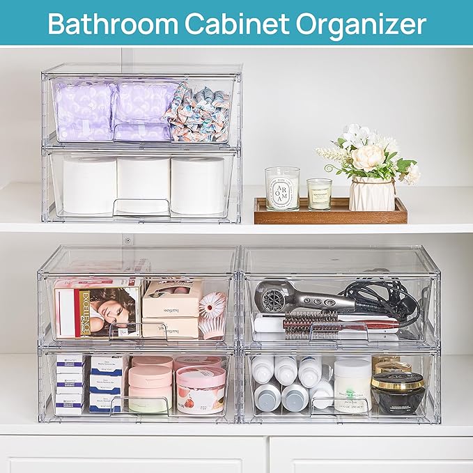 Vtopmart 6 Pack Large Stackable Storage Drawers,Easily Assemble Clear Acrylic Bathroom Closet Undersink Organizers,Plastic Storage Bins for Cabinet,Kitchen Pantry,Medicine Organization - Image 7