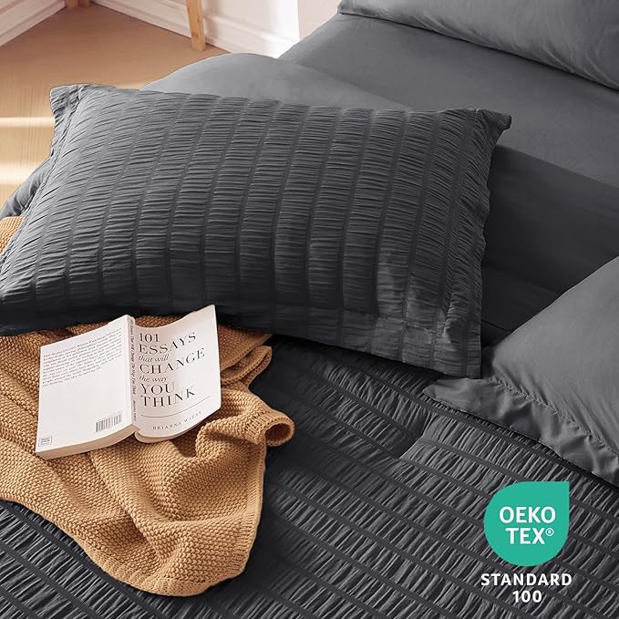 MUXHOMO 7 Pieces King Comforter Set, Seersucker Bed in a Bag King Size, All Season Luxury Bedding Set with Comforter, Flat Sheet, Fitted Sheet, Pillowcases & Shams, Dark Grey