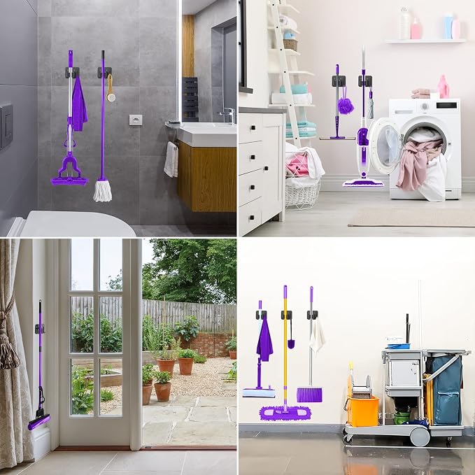 Stainless Steel Broom Holder, Heavy Duty, Rust Resistant, 4 Gripper Positions with 4 Hooks, Black - Image 6