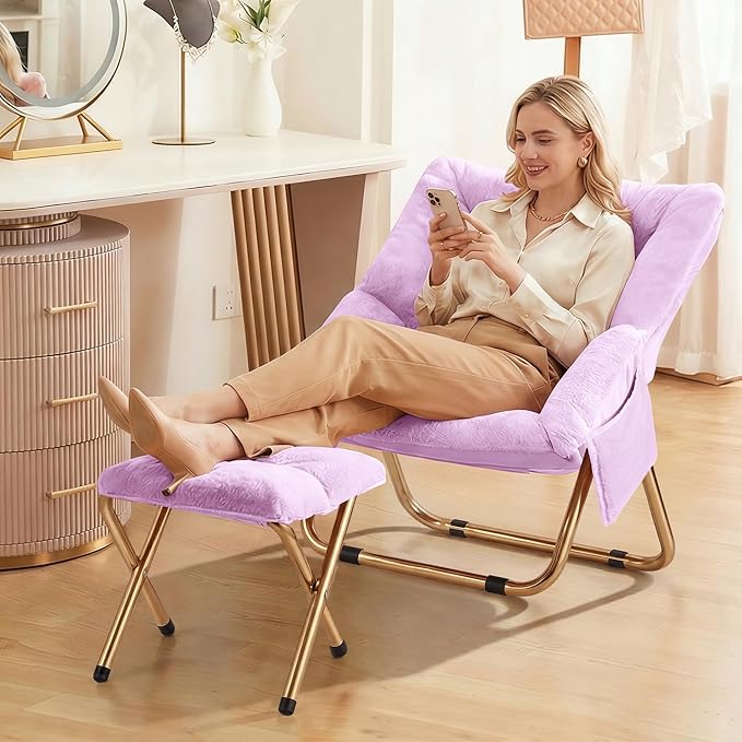 Kasunpul Comfy Saucer Chair, Foldable Living Room Chairs, Soft Faux Fur Lounge Chair for Bedroom, Reading Chairs for Adults, Teens, X-Large (Lavender)