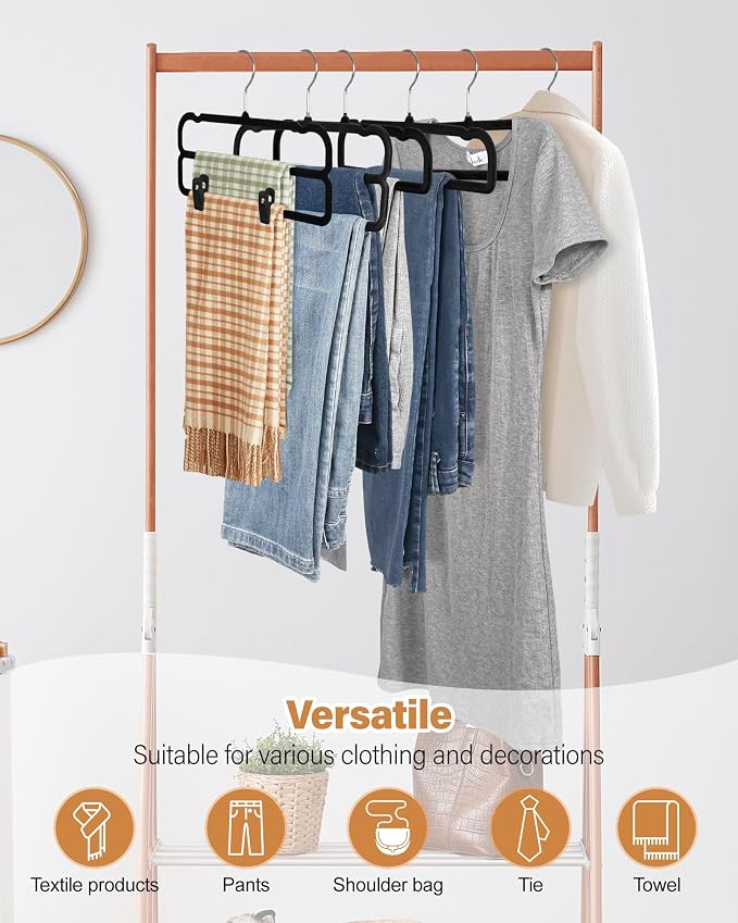 WJWSKI Velvet Pants Hangers with Double Non Slip Bar - with Adjustable Clips- Thin Space Saving Clothes Hanger - 360° Swivel Felt Trouser Hanger Perchas Terciopelo 10 Pack (Black) - Image 6