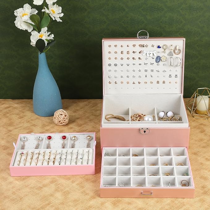 BOOVO Earring Jewelry Box For Women Girl Stud Organizer, 5 Layers Girl Jewelry Organizer Box With Lock Earring Holder Organizer Necklace Ring Jewelry Organizer Box For Girls (rose gold) - Image 7