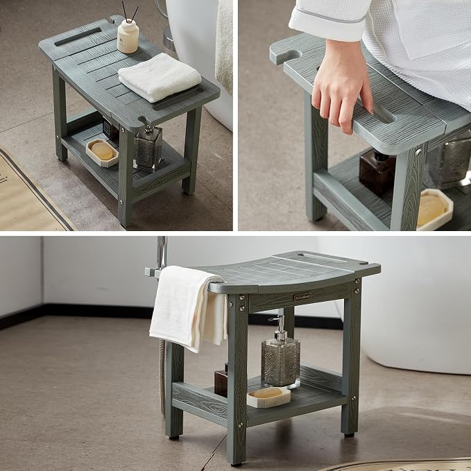 HDPS Shower Bench for Inside Shower, Gray Waterproof Shower Stool for Shaving Legs, Poly Lumber Shower Chair Seat with Handles & Shower Head Holder, Bathroom Shower Foot Rest Stool with Storage Shelf - Image 6