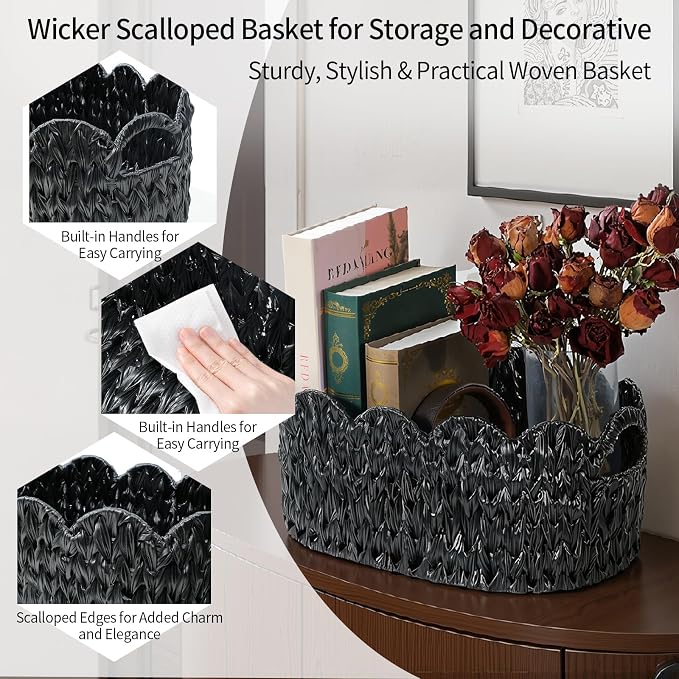 Coeusy Wicker Scalloped Basket Set of 2,Woven Storage Baskets for Shelves,Closet,Laundry,Gift,Towels,Books,Toys,Waterproof Decor Basket for Organizing,Black Oval - Image 9