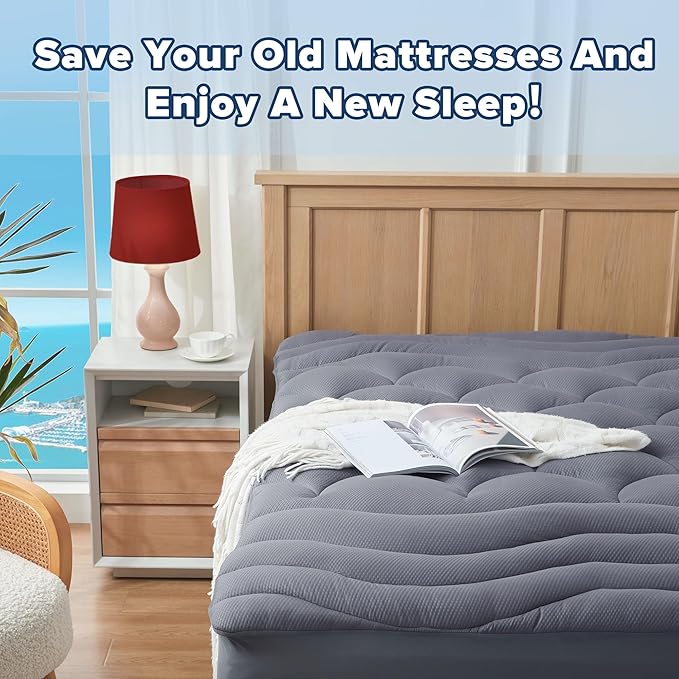 King Mattress Pad for Back & Hip Pain Relief, Pillow Top Cooling Bed Topper Quilted Fitted, Hotel Quality Deep Pocket Soft King Mattress Protector Cover Washable (78x80 inch, Grey)