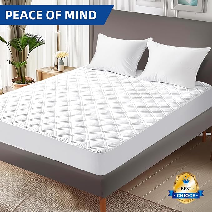 Padded King Mattress Protector, Breathable Waterproof Mattress Pad Cover Fitted Deep Pocket 8"-21", Soft Noiseless Mattress Cover Washable Cooling for Home Hotel Bedroom, White