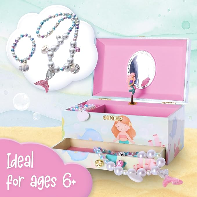 The Memory Building Co Mermaid Musical Jewelry Box Plays Classic Melody, Storage Organizer Music Box for Kids Ages 6-12, MDF Wood w/ 2 Fabric Lined Ring Bracelet Necklace Treasure Compartments - Image 8