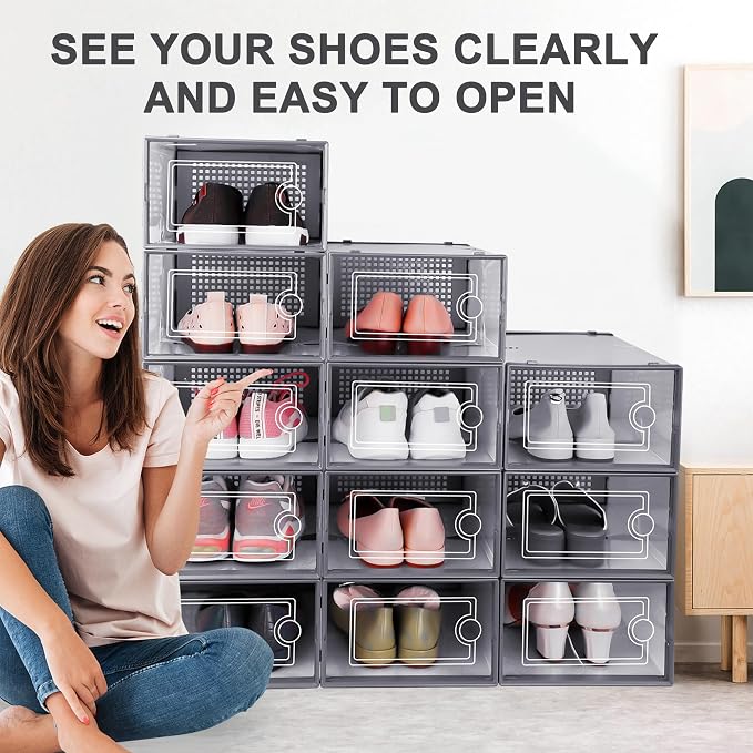 Kuject Large Shoe Organizers Storage Boxes for Closet, 12 Pack Clear Plastic Stackable Storage Bins with Lids, Under Bed Shoe Containers for Entryway, Drop Front, Fit up to Women's Size 10,Dark Gray - Image 6