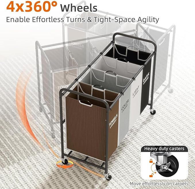 ROMOON Laundry Hamper Sorter Cart: 4-Section Organizer with Heavy-Duty Lockable Wheels and Removable Bags | 180L Rolling Laundry Basket for Dirty Clothes in Laundry Room or Small Spaces (Multicolor) - Image 7