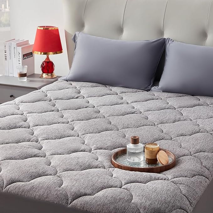 SLEEP ZONE Jersey Knit Mattress Pad, Queen Mattress Topper, Pillow Top Mattress Cover, Plush Fitted Mattress Protector Machine Washable (Queen, Grey)