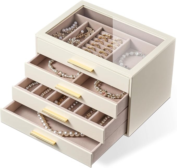 pickpiff Jewelry Box Organizer Case for Women: 4-Layer Jewelry Storage Case with Glass Window, Ivory Leather with Pink Velvet, Holder for Ring Necklace Bracelet Brooch Watch, Great Gift for Her - Image 9