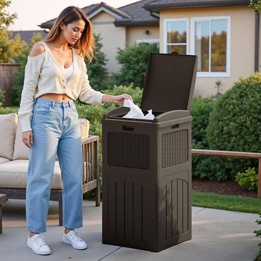 Flamaker 30 Gallon Trash Can, Resin Outdoor Garbage Can with Lid, Waterproof Hideaway Patio Waste Bins for Outside Use (2 Pack, Deep Brown) - Image 7