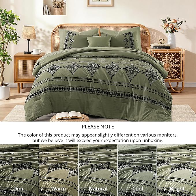 MaiRêve Full Size Comforter Set Olive Green, Embroidery Floral Western Boho Bedding Set, All Season 7 Pieces Bed in a Bag with Sheets, Pillowcases & Shams