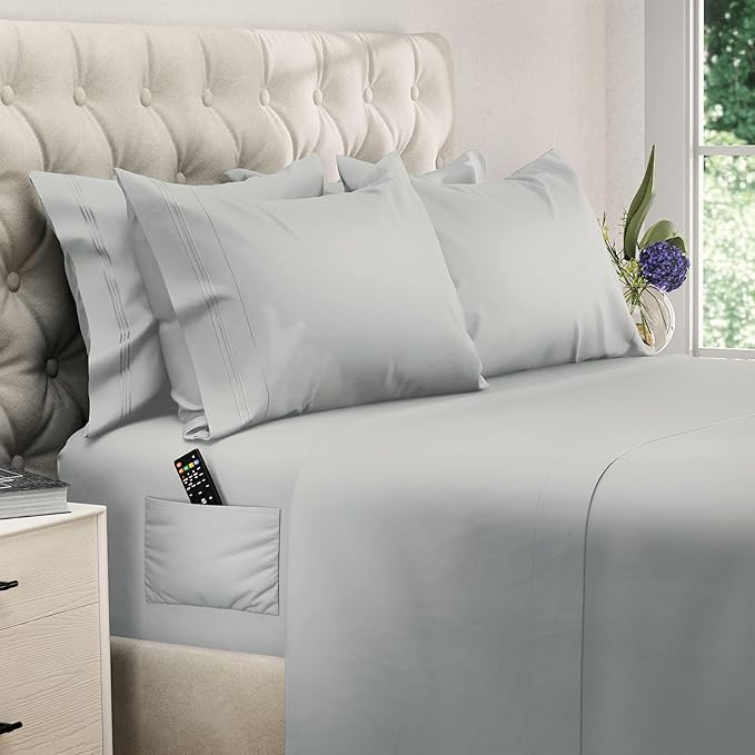 DREAMCARE Full Size Sheets - 6 pcs Breathable Cooling Bed Sheets - up to 15" Deep Pocket Full Size Bed Sheets wth Side Pockets - Extra Soft 100% Brushed Hypoallergenic Hotel Luxury Bedding -Light Gray