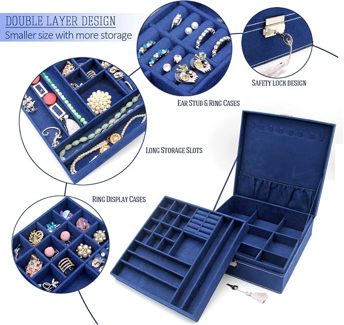 Two-Layer Jewelry Box Organizer Display Storage case with Lock (Deep Blue) - Image 7