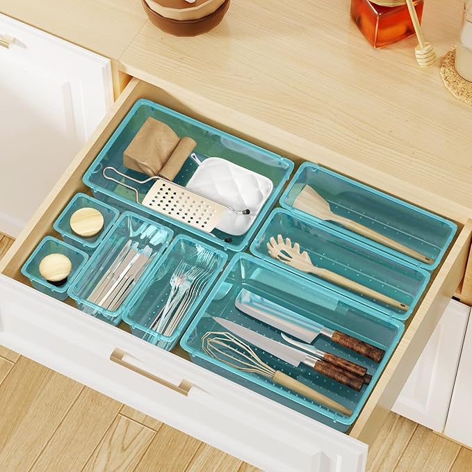 WOWBOX 16 PCS Plastic Drawer Organizer Set, 4 Sizes Desk Drawer Organization and Storage Containers for Makeup, Cosmetics, Jewelry and Gadgets in Kitchen, Bathroom, Bedroom, Office, Clear Sea Blue - Image 7