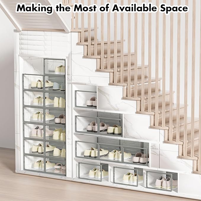 Foluck Shoe Storage Box, 15 Pack Clear Plastic Stackable Shoe Organizer for Closet, Interlocking Design Shoe Container Bins for Sneakers, Foldable Shoe Rack with Lids, Gray - Image 7