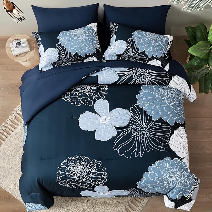 Yiran Navy Blue Floral Boho Comforter Set King Size 7 Pieces Bed in a Bag Flowers Soft Microfiber Bedding Set(1 Comforter 1 Flat Sheet 1 Fitted Sheet 2 Pillowshams 2 Pillowcases)