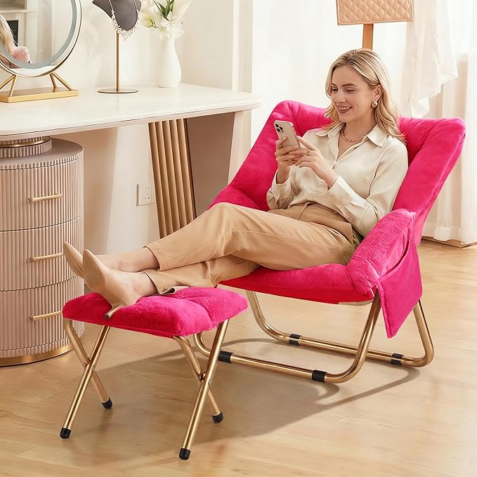 Kasunpul Comfy Saucer Chair, Foldable Living Room Chairs, Soft Faux Fur Lounge Chair for Bedroom, Reading Chairs for Adults, Teens, X-Large (Hot Pink)