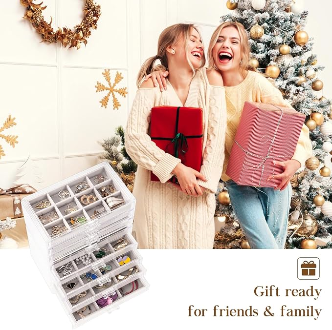 ProCase Earring Holder Organizer Jewelry Box with 8 Drawers, Acrylic Clear Earring Case with Adjustable Velvet Trays for Women - Grey, 8 Layers - Image 7